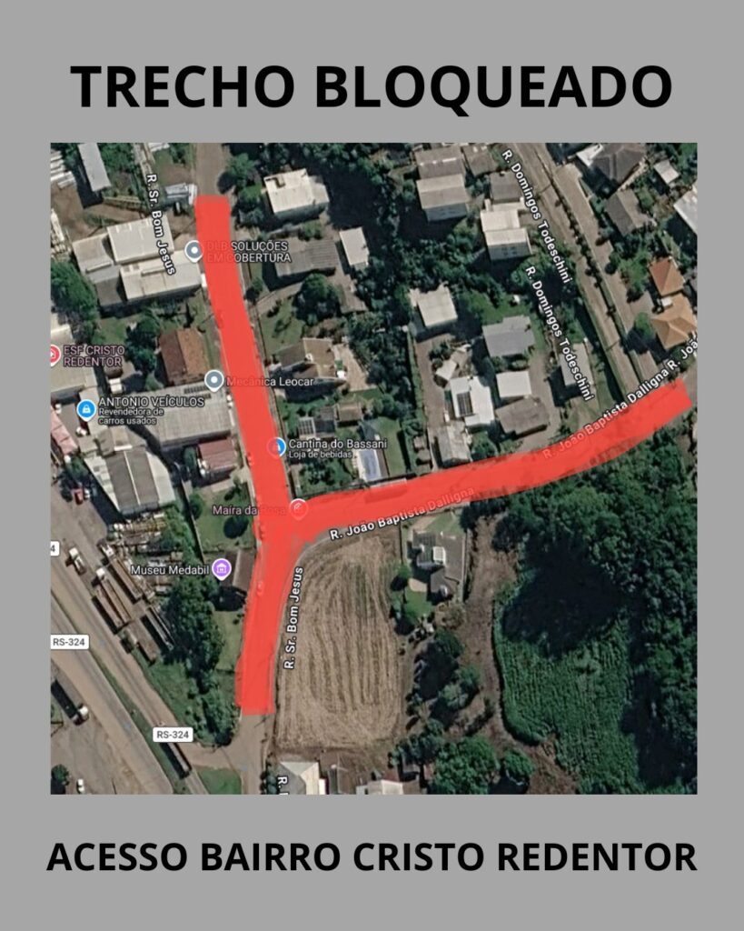 Acesso ao bairro Cristo Redentor, em Nova Bassano, terá bloqueio nesta terça-feira