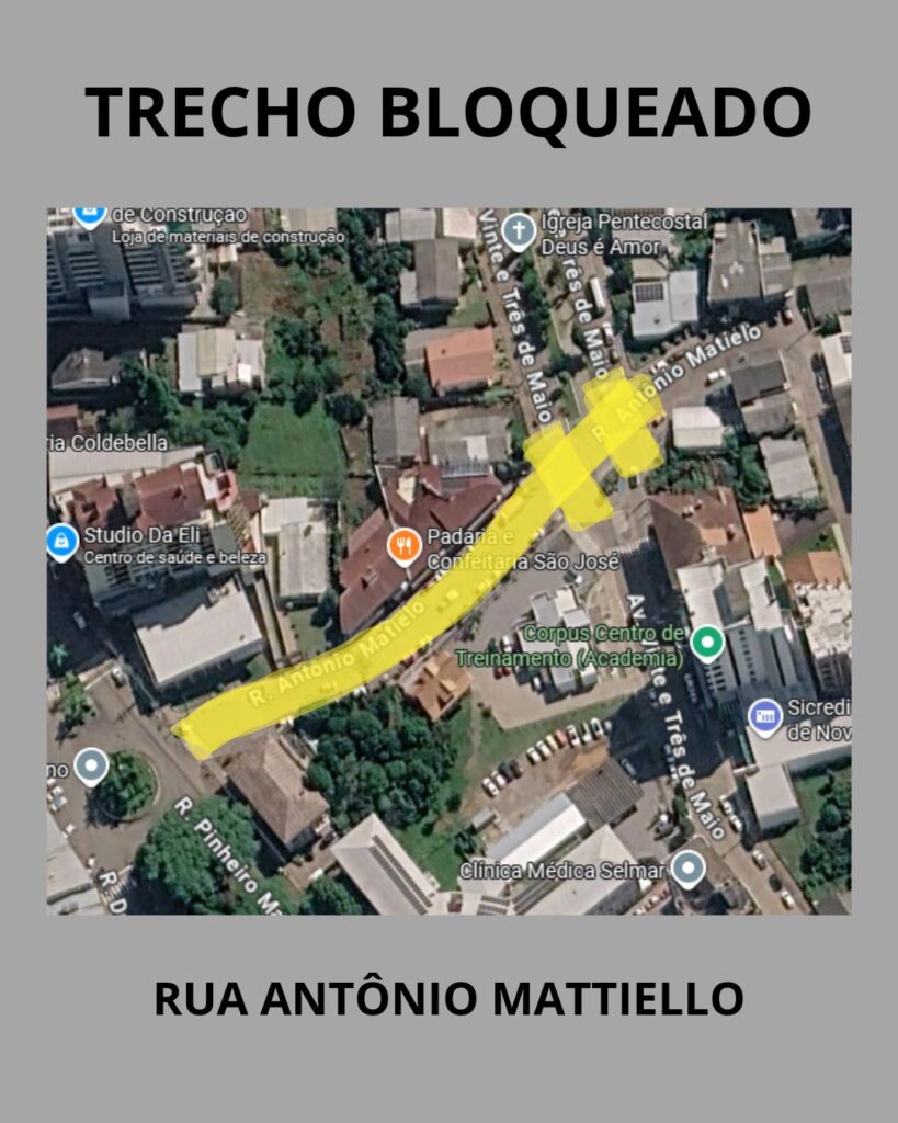 Rua Antônio Mattiello terá bloqueio para obras nesta quinta-feira em Nova Bassano